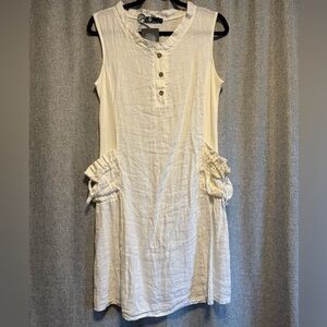 Sleeveless White Linen Dress with Button Detail and side pockets